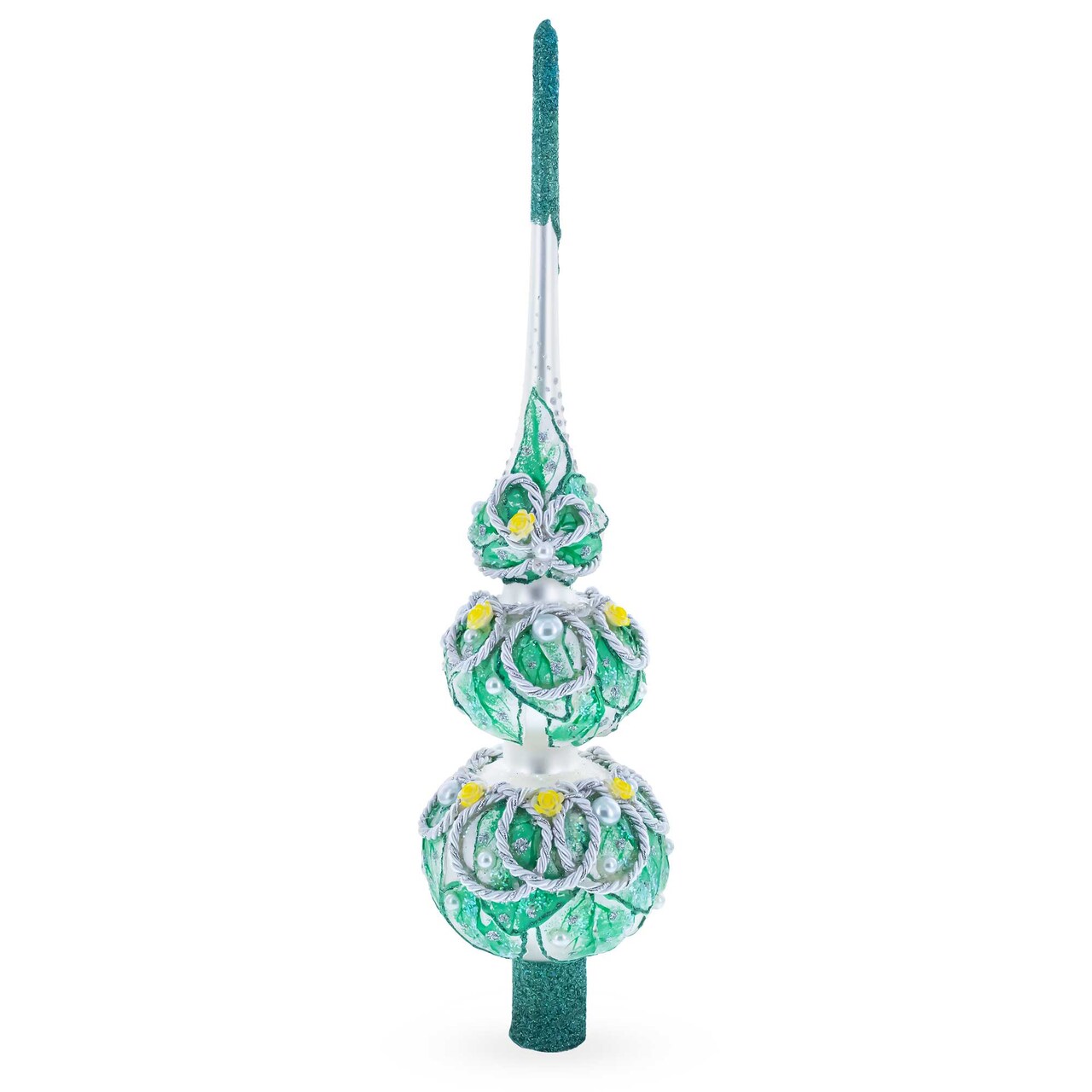 Dimensional Rope and Leaves on White Glass Christmas Tree Topper 12.5 Inches